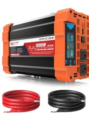 BELTTT 1000Watt Pure Sine Wave Inverter 12V DC to 120V AC for RV, Truck, Off-Grid, Solar Inverter 12V to 110V Converter with Dual AC Socket and 5V 2.1A USB, Power Inverter, Intelligent LCD, 2000W Peak