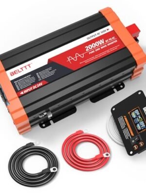 BELTTT 2000W Pure Sine Wave Inverter 24V DC to 120V AC for Solar, Off-Grid, RV, Truck,Power Inverter, Dual AC and 20A Socket, 5V 2.1A USB, Hardwire Port, Remote Controller, Surge 4000W
