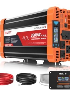BELTTT 2000W Pure Sine Wave Inverter, Inverter 12V DC to 120V AC for Solar, RV, Truck, Outdoor, Power Inverter with Dual AC and 20A Socket, 5V 2.1A USB, Surge 4000W, Hardwire Port, Remote Controller